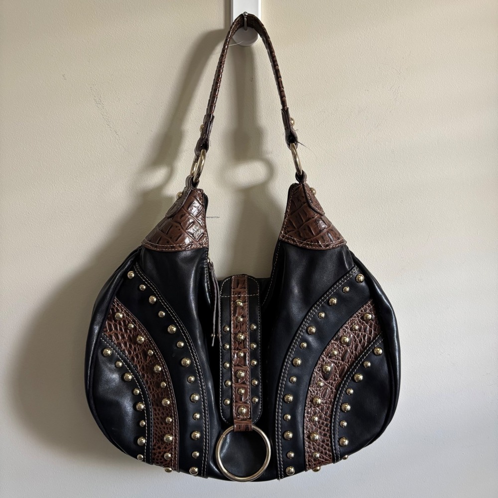 Pritzi Black Brown Faux Leather Studded Croc Embossed Hobo Bag Gold Tone Studs